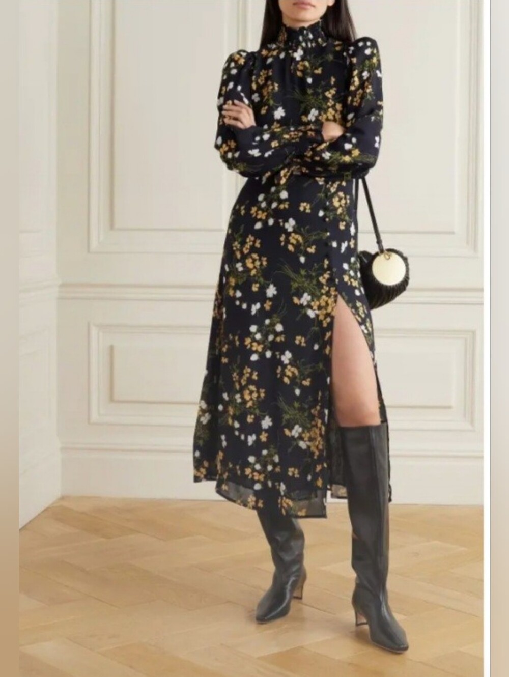 Reformation Stevi Floral Midi Dress Shirred Mock Neck Size 10